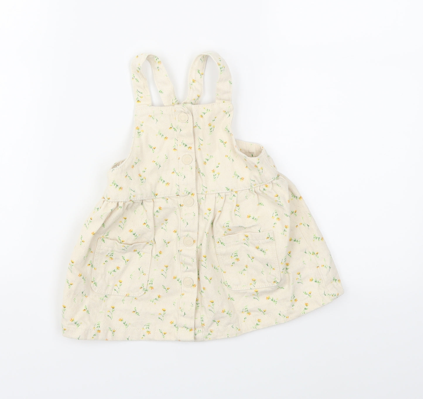 Zara Girls Beige Floral Denim Pinafore/Dungaree Dress  Size 9-10 Years