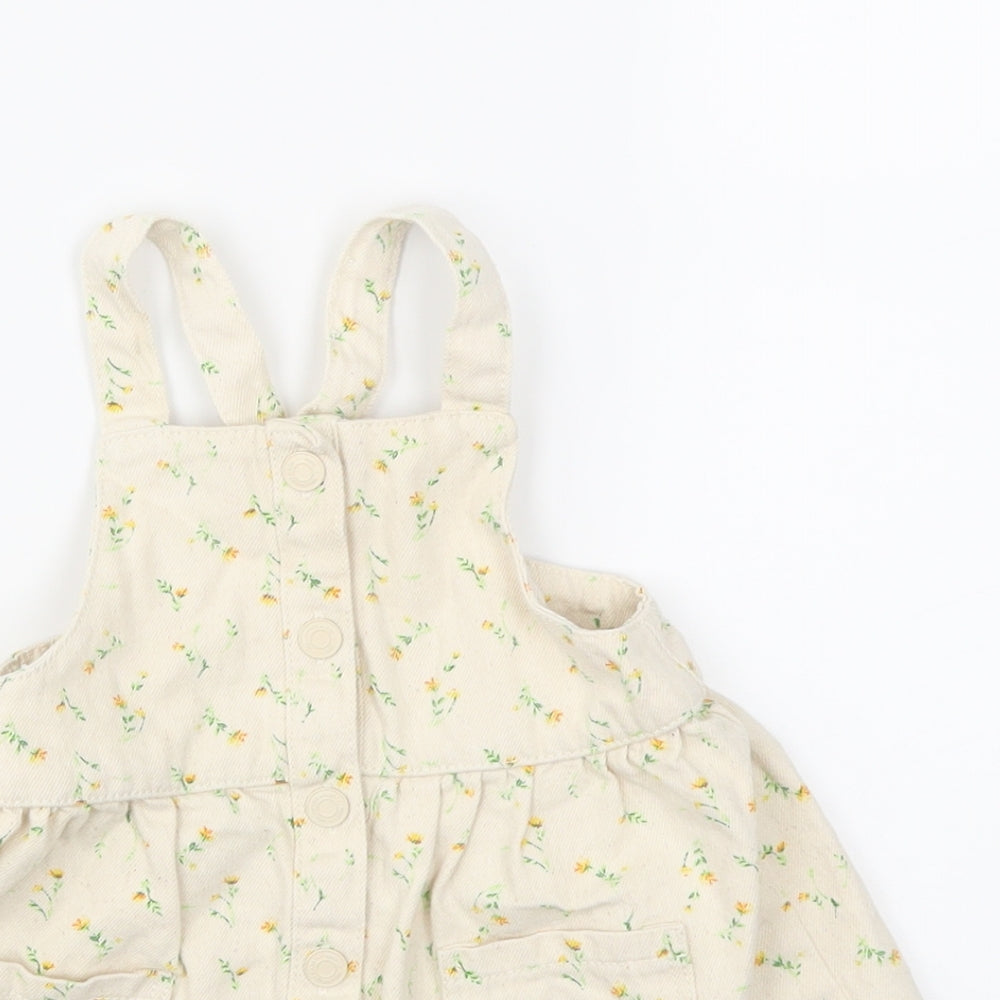 Zara Girls Beige Floral Denim Pinafore/Dungaree Dress  Size 9-10 Years