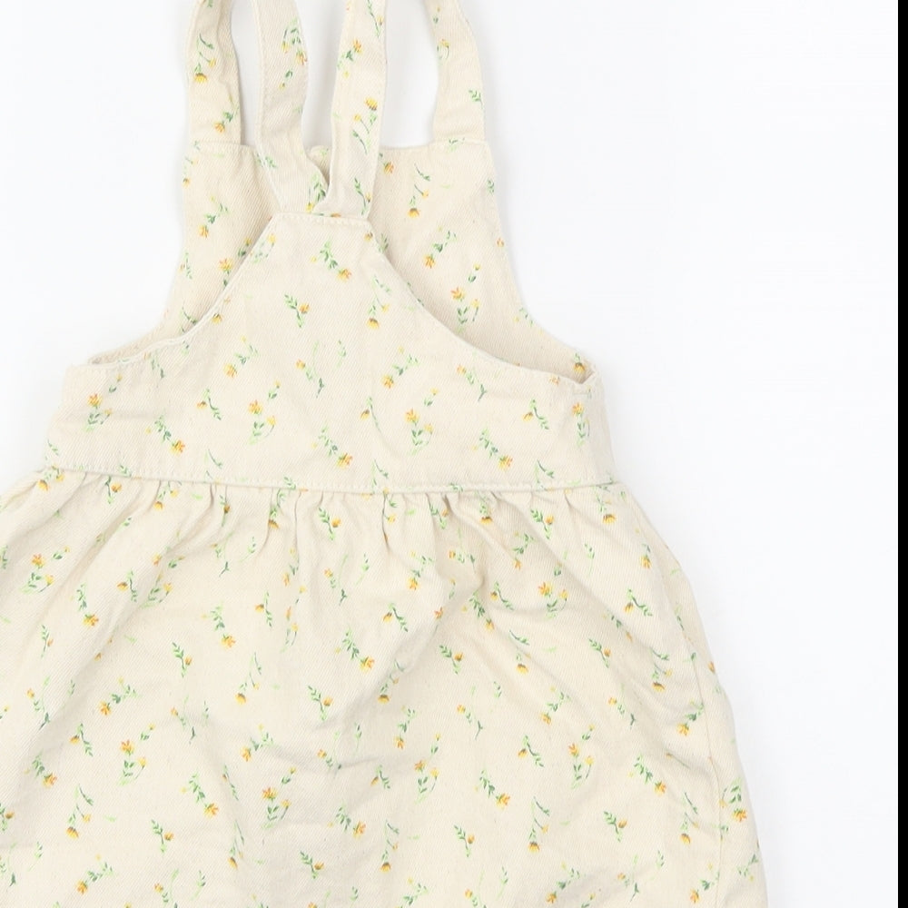 Zara Girls Beige Floral Denim Pinafore/Dungaree Dress  Size 9-10 Years