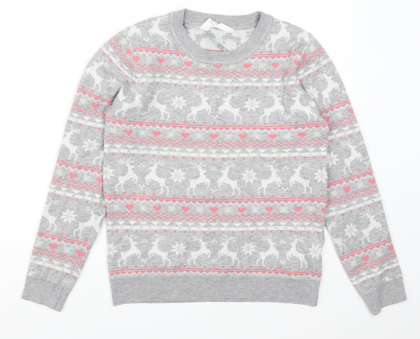 Primark Womens Grey Fair Isle  Henley Jumper Size 10  - Christmas Prints