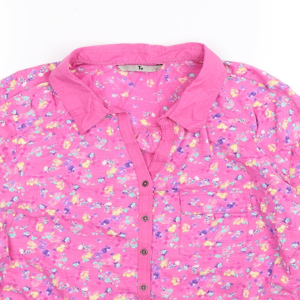 TU Womens Pink Floral  Basic Button-Up Size 12