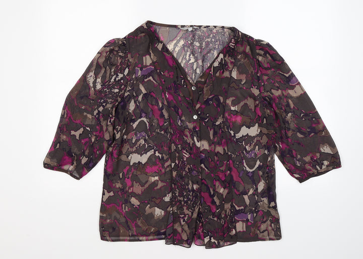 Per Una Womens Purple Floral Chiffon Basic Blouse Size 12 - ruffle front