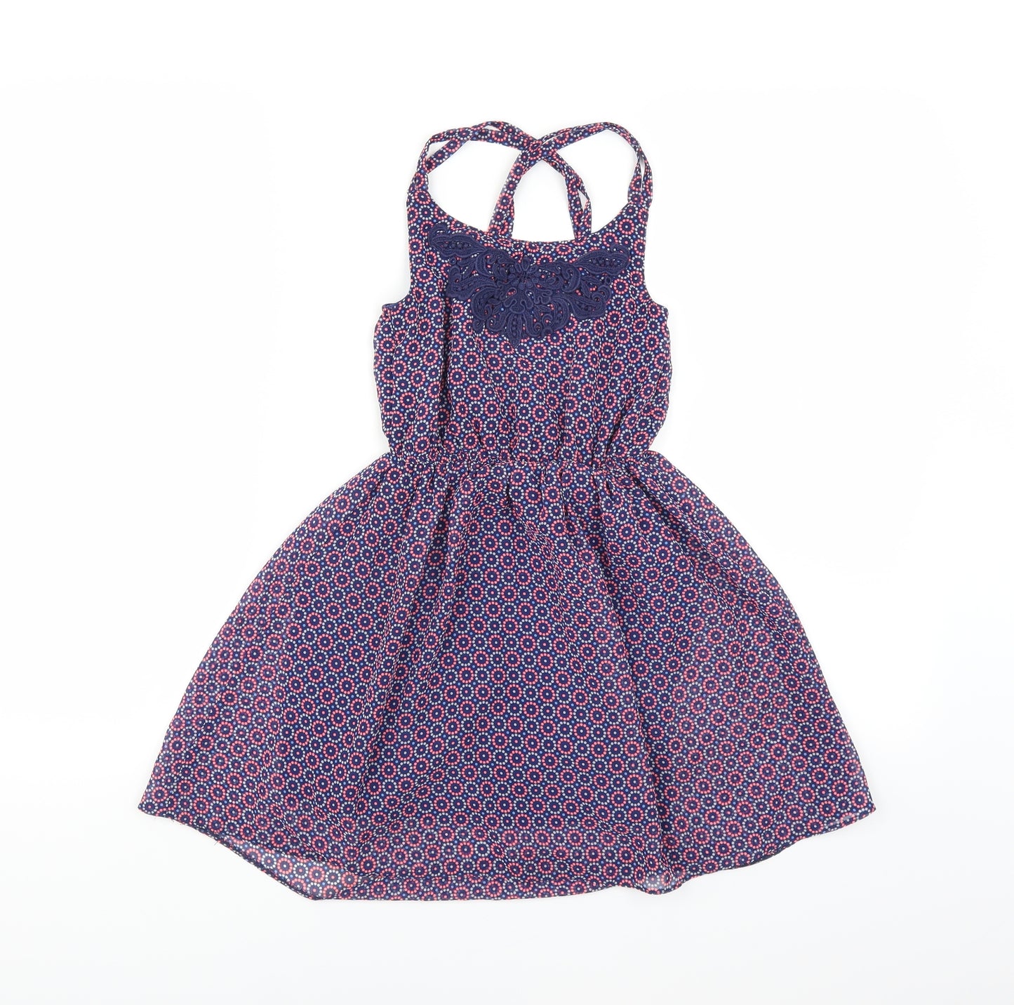 F&F Girls Blue Geometric    Size 7-8 Years  - embroidered neckline
