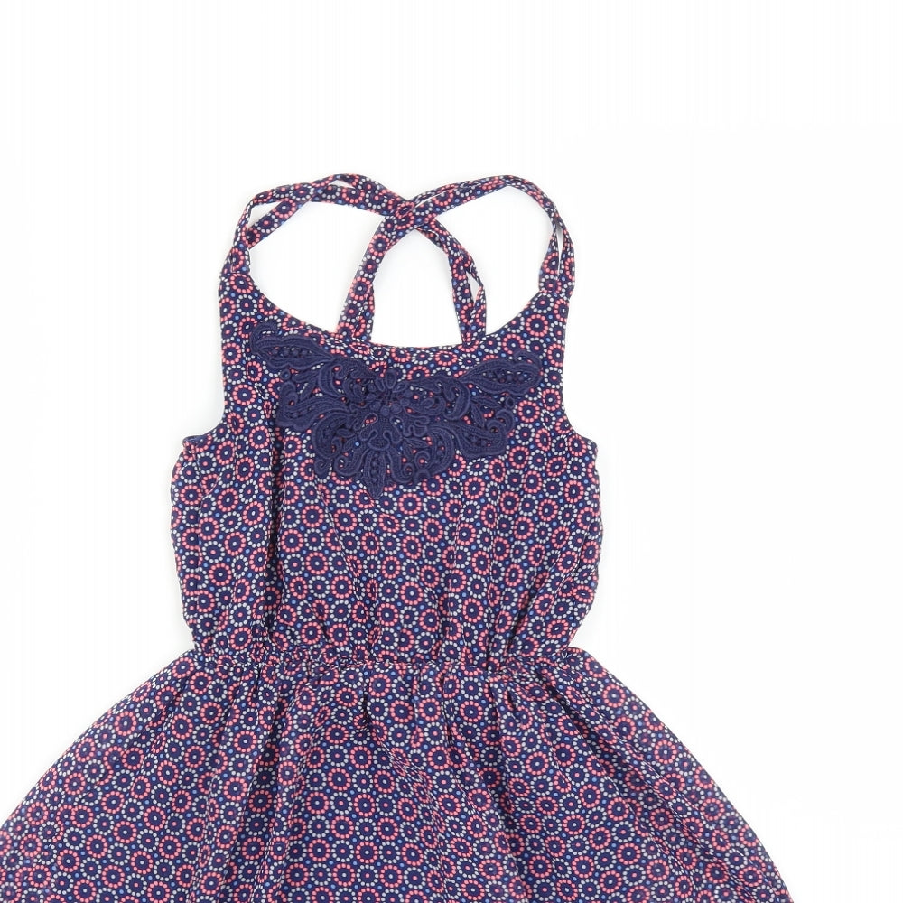 F&F Girls Blue Geometric    Size 7-8 Years  - embroidered neckline