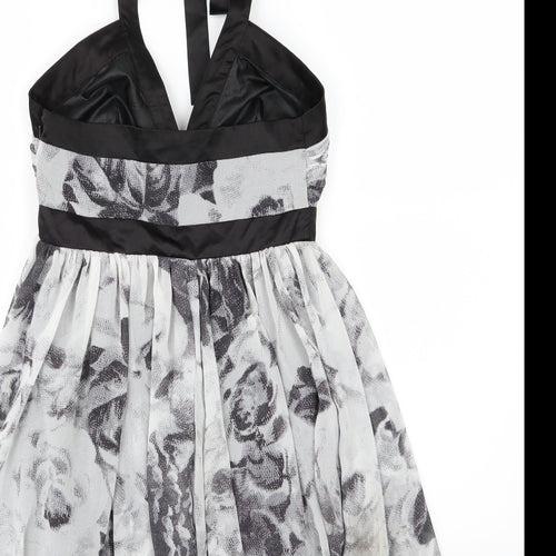 Lipsy Womens Grey Floral Chiffon Skater Dress  Size 8
