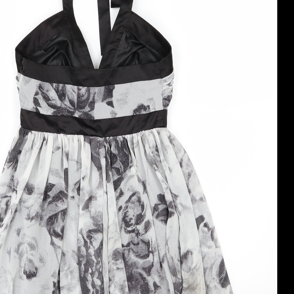 Lipsy Womens Grey Floral Chiffon Skater Dress  Size 8