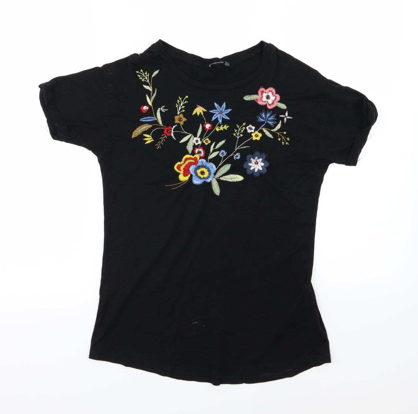 Stradivarius Womens Black Floral Jersey Basic T-Shirt Size S