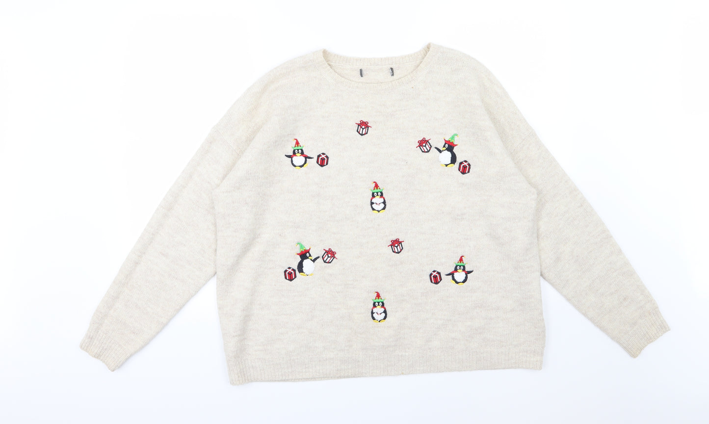 Primark Womens Beige  Knit Pullover Jumper Size XL  - Penguin Christmas