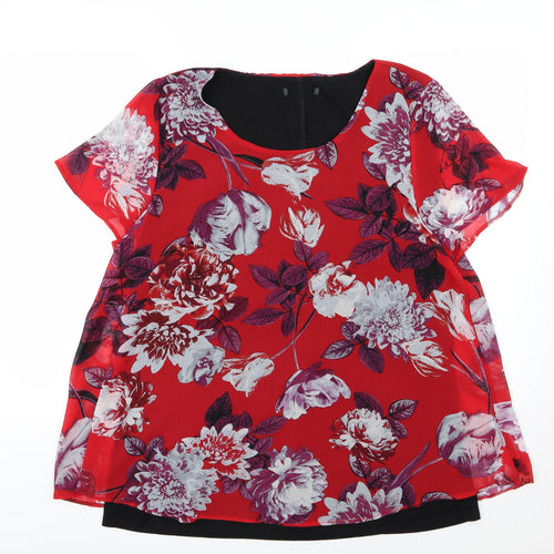 Preworn Womens Red Floral Chiffon Basic Blouse Size 18