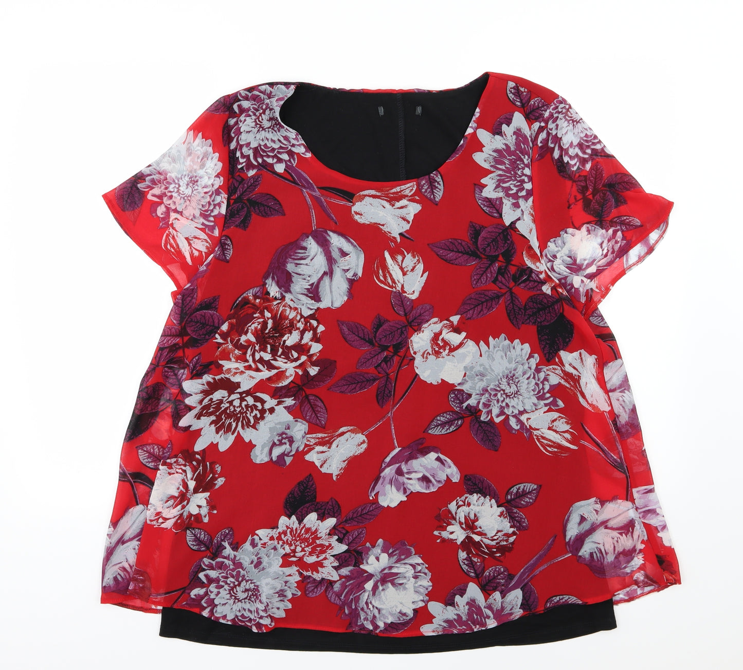 Preworn Womens Red Floral Chiffon Basic Blouse Size 18