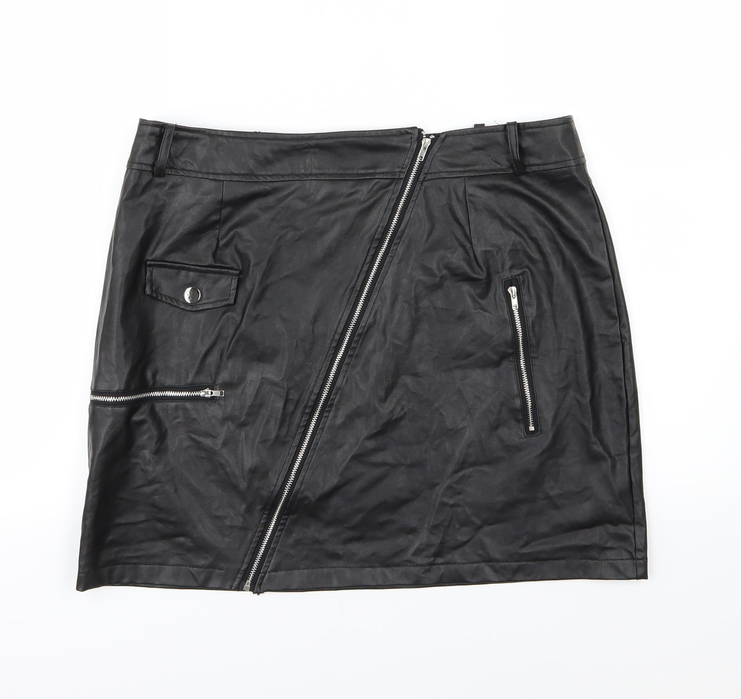 PRETTYLITTLETHING Womens Black   A-Line Skirt Size 16  - Leather Effect