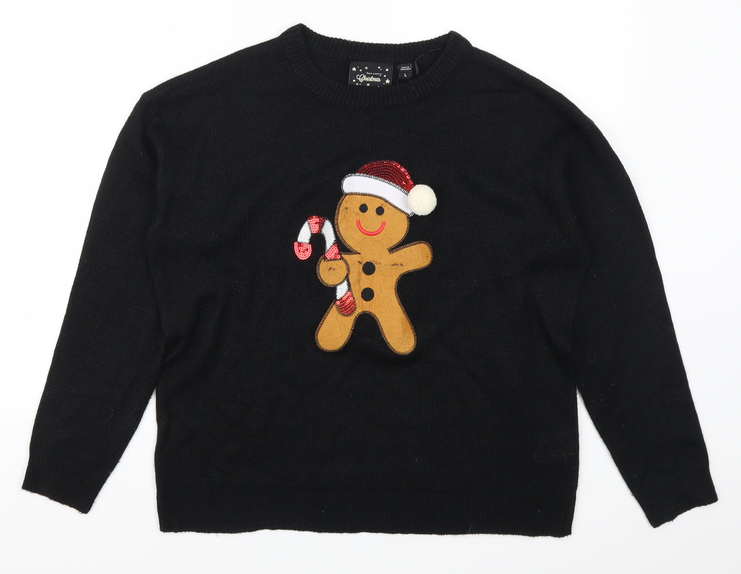 Brave Soul Womens Black   Pullover Jumper Size L  - Gingerbread Man Candy Cane