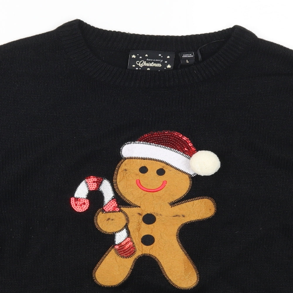 Brave Soul Womens Black   Pullover Jumper Size L  - Gingerbread Man Candy Cane