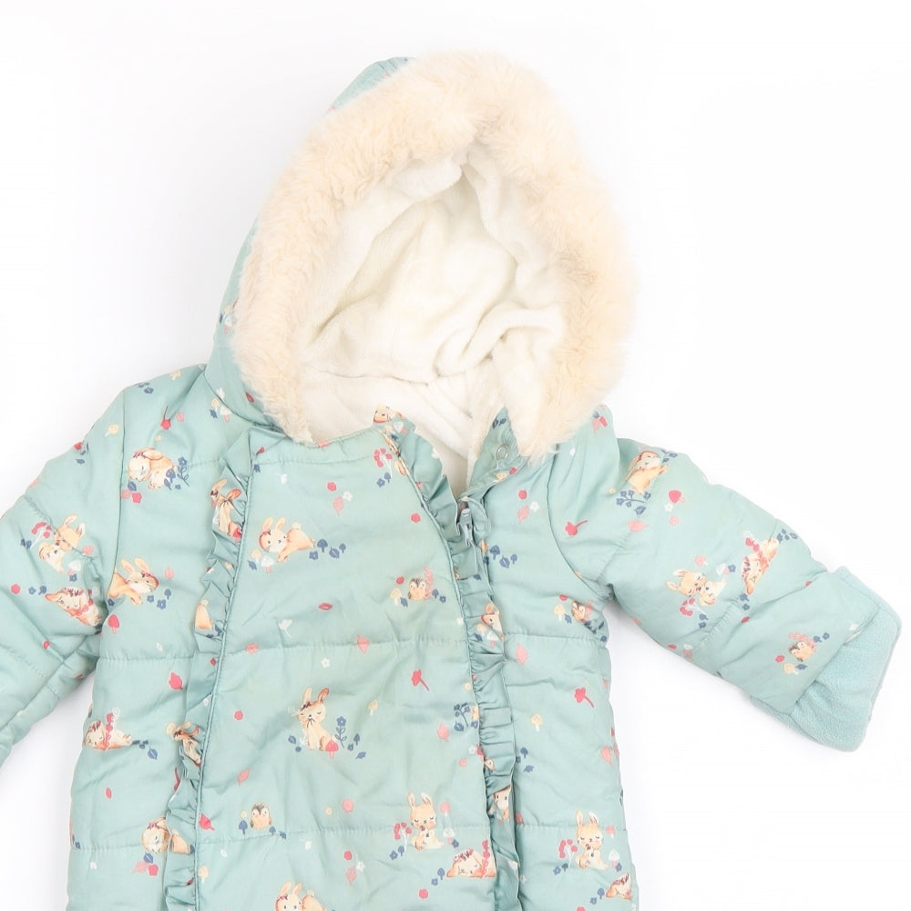 George Girls Green Floral  Jacket Snowsuit Size 6-9 Months