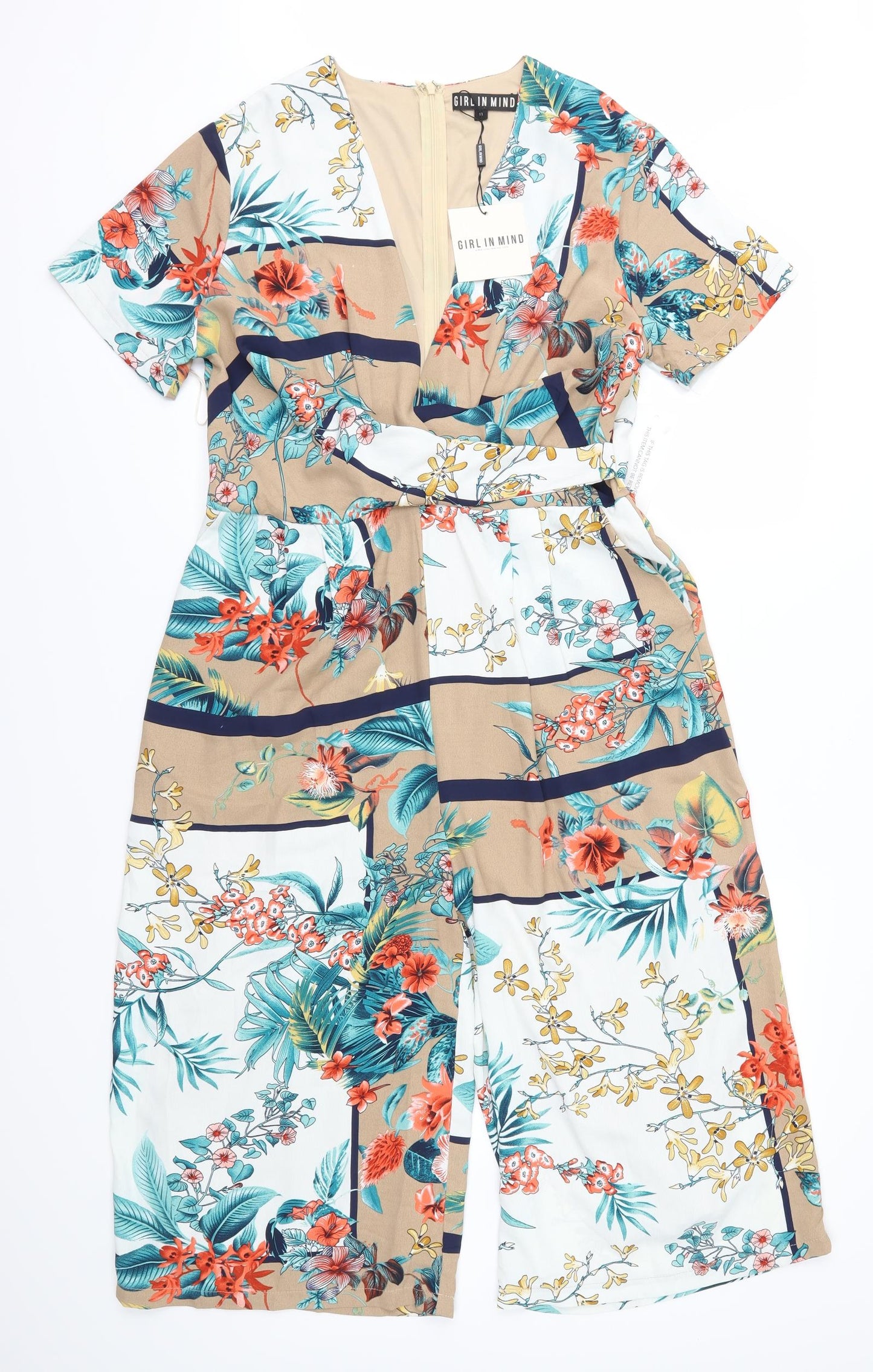 Girl In Mind Womens Beige Floral  Jumpsuit One-Piece Size 14 L16 in