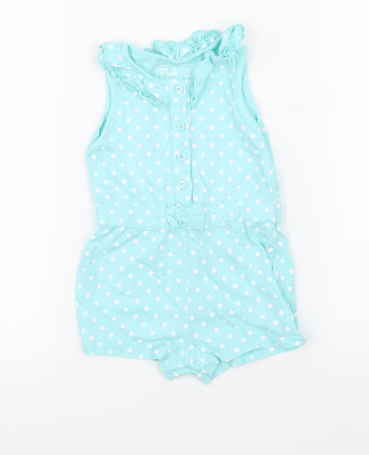 Front view of Young Dimension girls’ blue polka dot babygrow one-piece, size 12-18, months