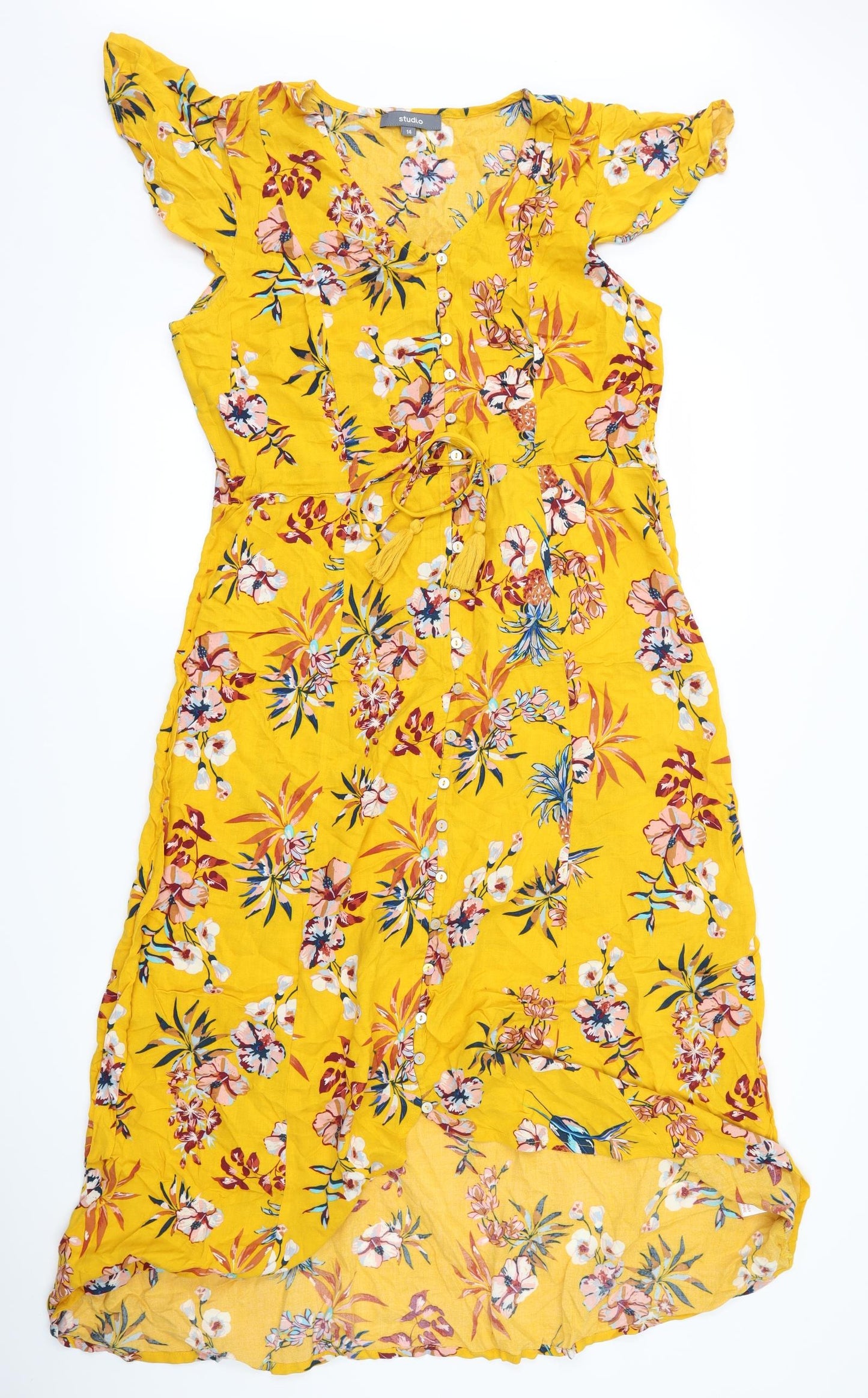 Studio Womens Yellow Floral  A-Line  Size 14