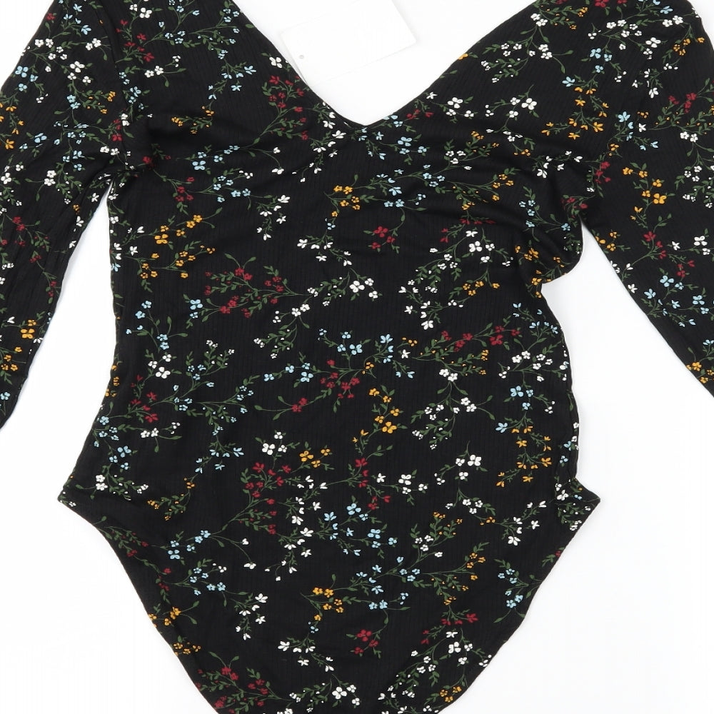 H&M Womens Black Floral  Basic T-Shirt Size S  - Body Suit