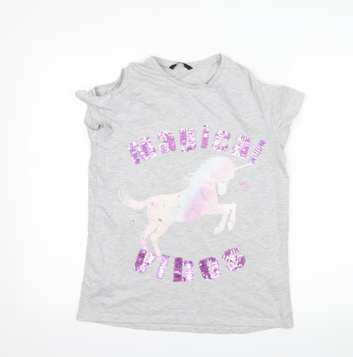 George Girls Grey Basic T-Shirt Size 13-14 Years - Unicorn cut out shoulders