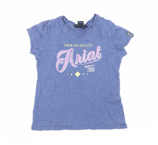 Front view of Ariat girls’ blue basic t-shirt, size S