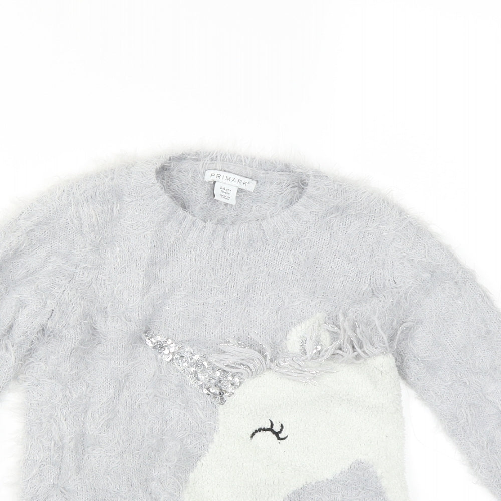 Primark Girls Grey   Pullover Jumper Size 5-6 Years  - unicorn