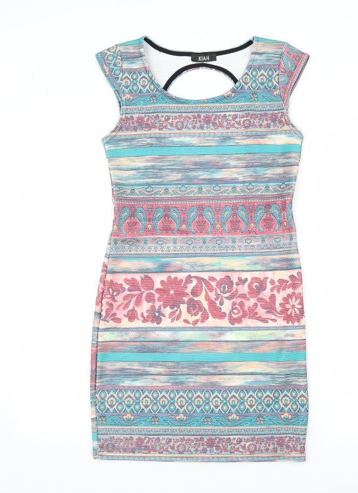 Kiah Womens Multicoloured Geometric Jersey Bodycon  Size 12  - Open Back