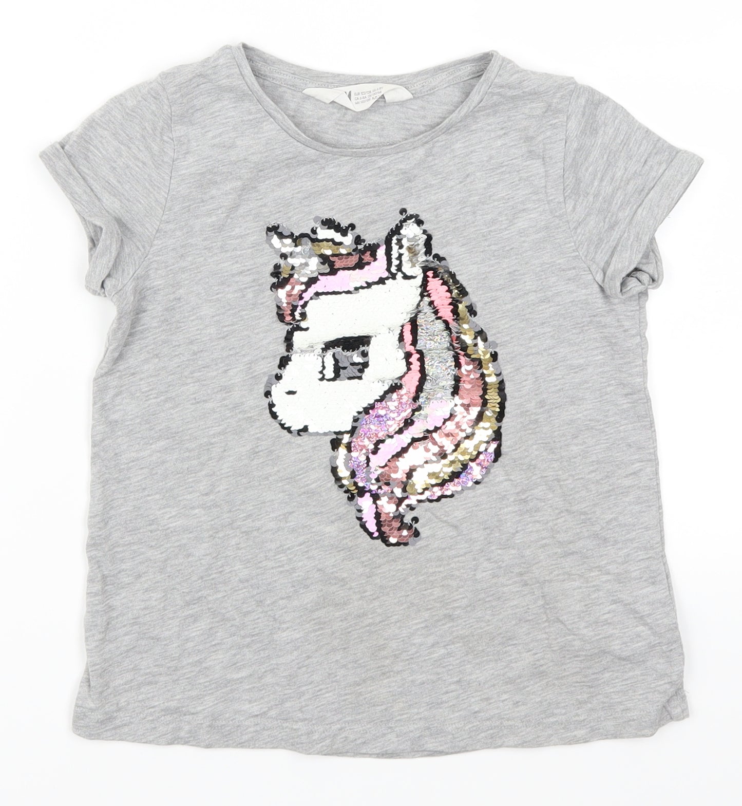 H&M Girls Grey   Basic T-Shirt Size 7-8 Years  - Unicorn