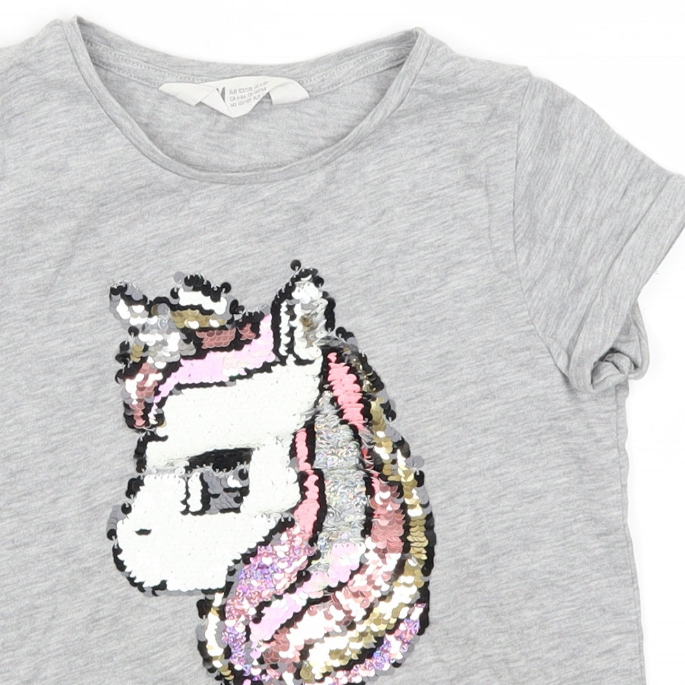 H&M Girls Grey   Basic T-Shirt Size 7-8 Years  - Unicorn