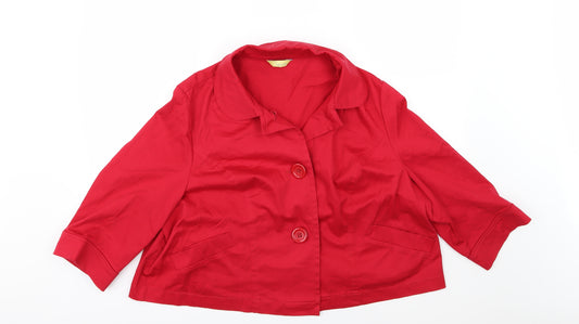 Front view of Agenda women’s red denim jacket, size UK 24