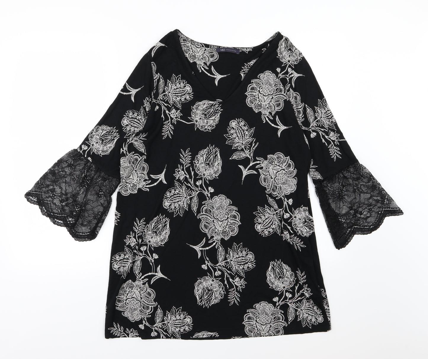 Marks and Spencer Womens Black Floral Jersey Basic T-Shirt Size 16
