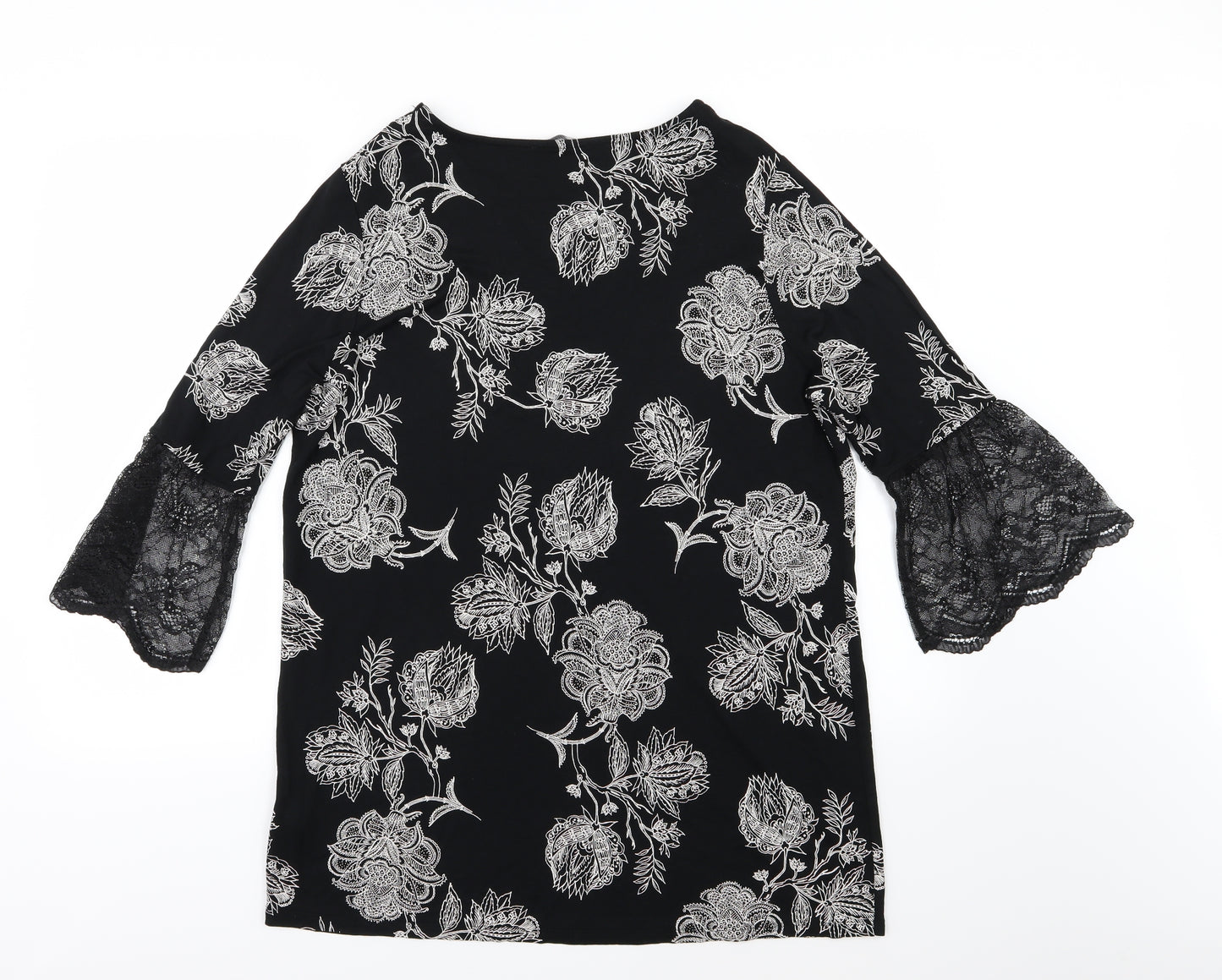 Marks and Spencer Womens Black Floral Jersey Basic T-Shirt Size 16