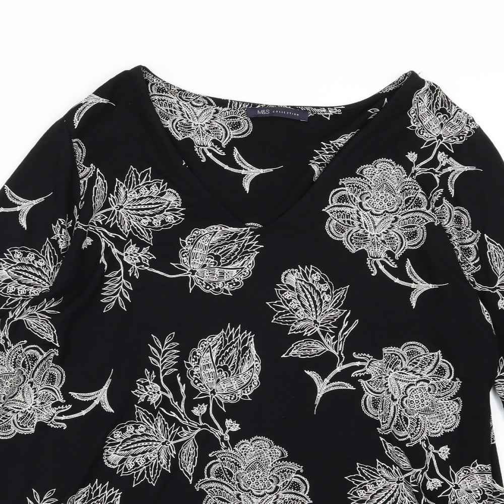 Marks and Spencer Womens Black Floral Jersey Basic T-Shirt Size 16