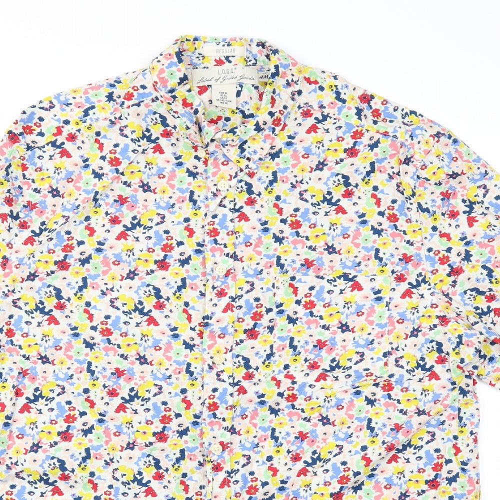 H&M Mens Pink Floral   Button-Up Size XL