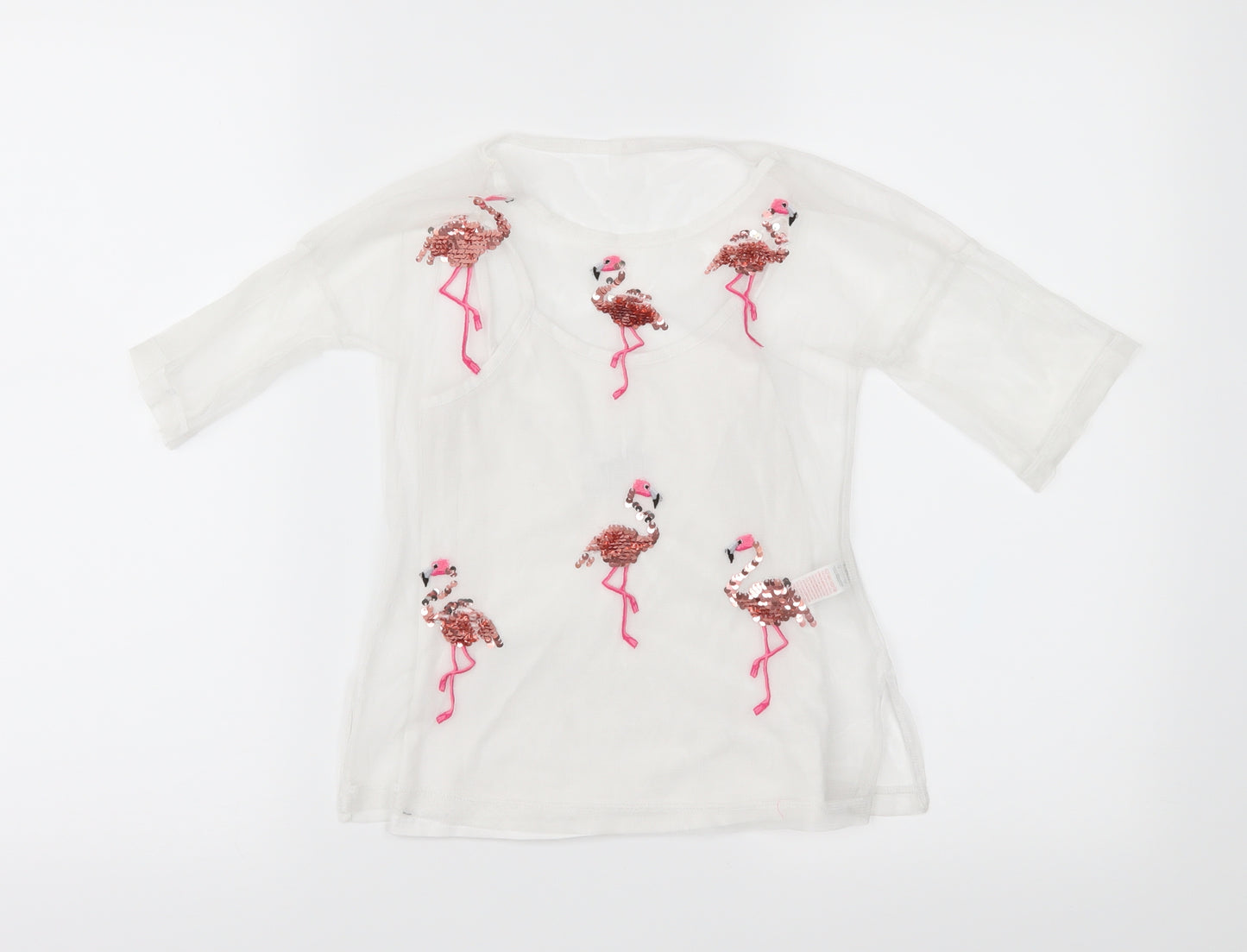 (+)People Girls White  Mesh Basic Blouse Size 7-8 Years  - Flamingos