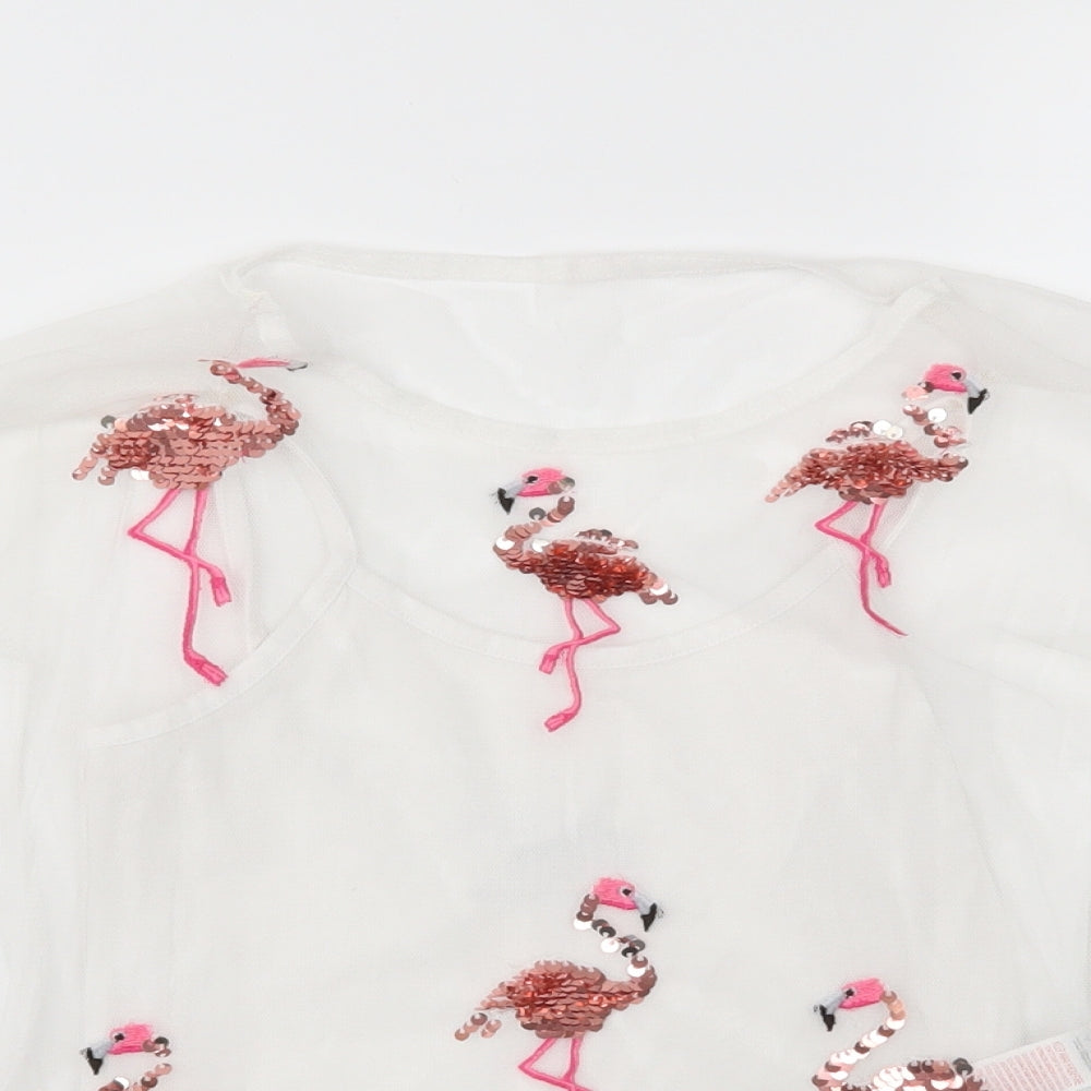 (+)People Girls White  Mesh Basic Blouse Size 7-8 Years  - Flamingos