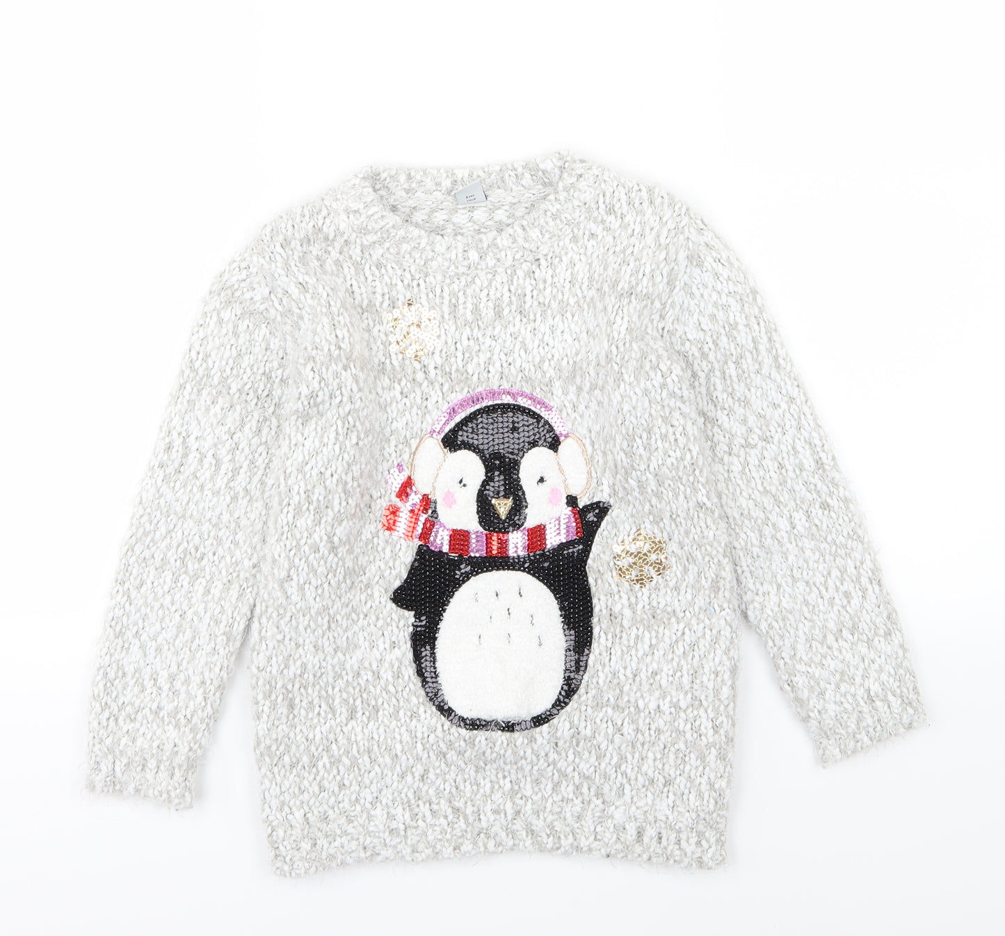 TU Girls Grey  Knit Pullover Jumper Size 6 Years  - Penguin Christmas