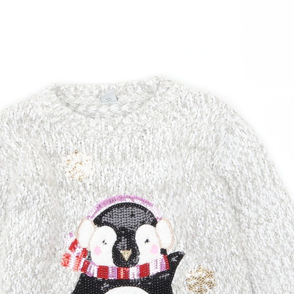 TU Girls Grey  Knit Pullover Jumper Size 6 Years  - Penguin Christmas