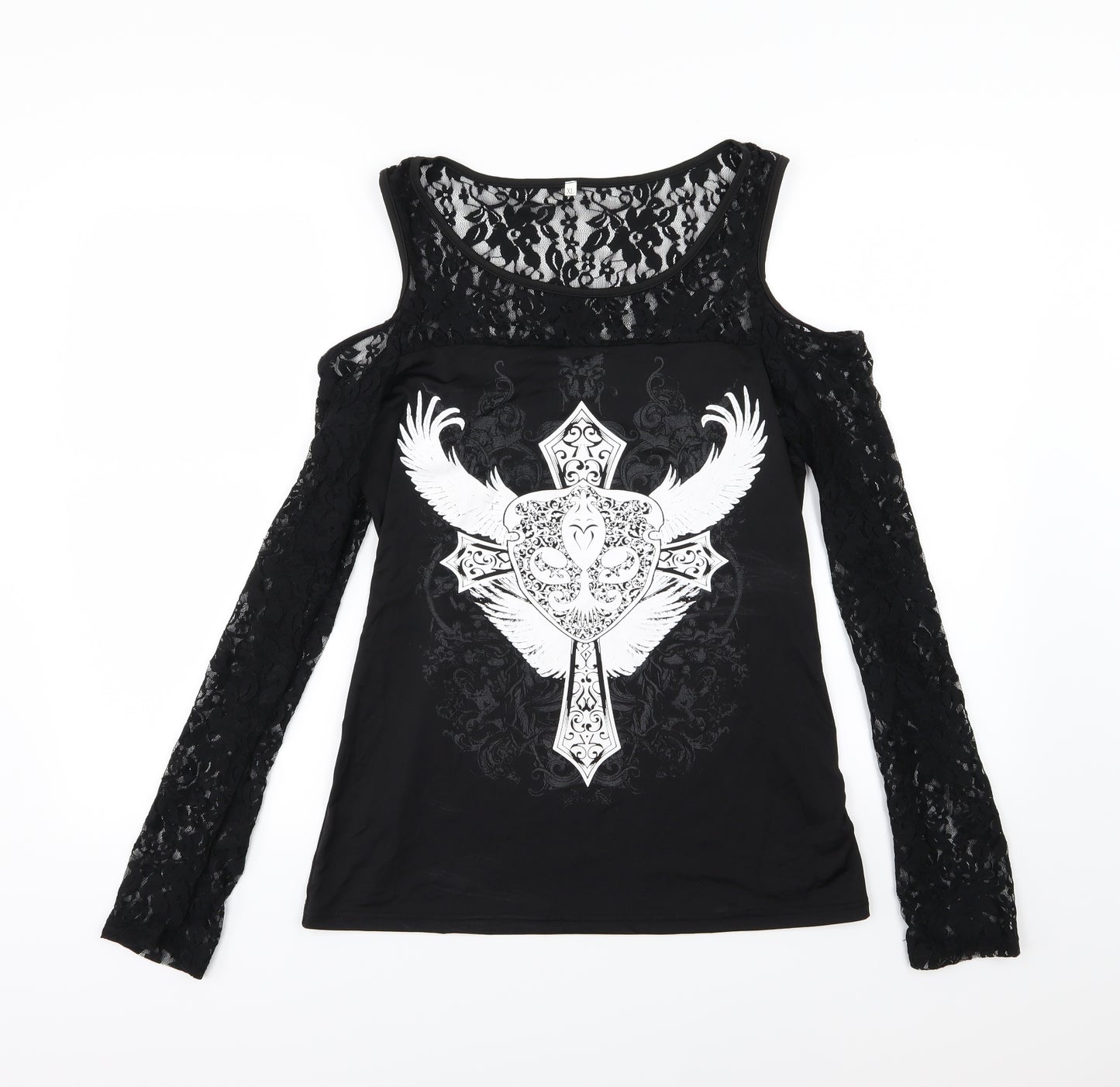 Preworn Womens Black  Jersey Basic T-Shirt Size XL  - Lace Sleeves