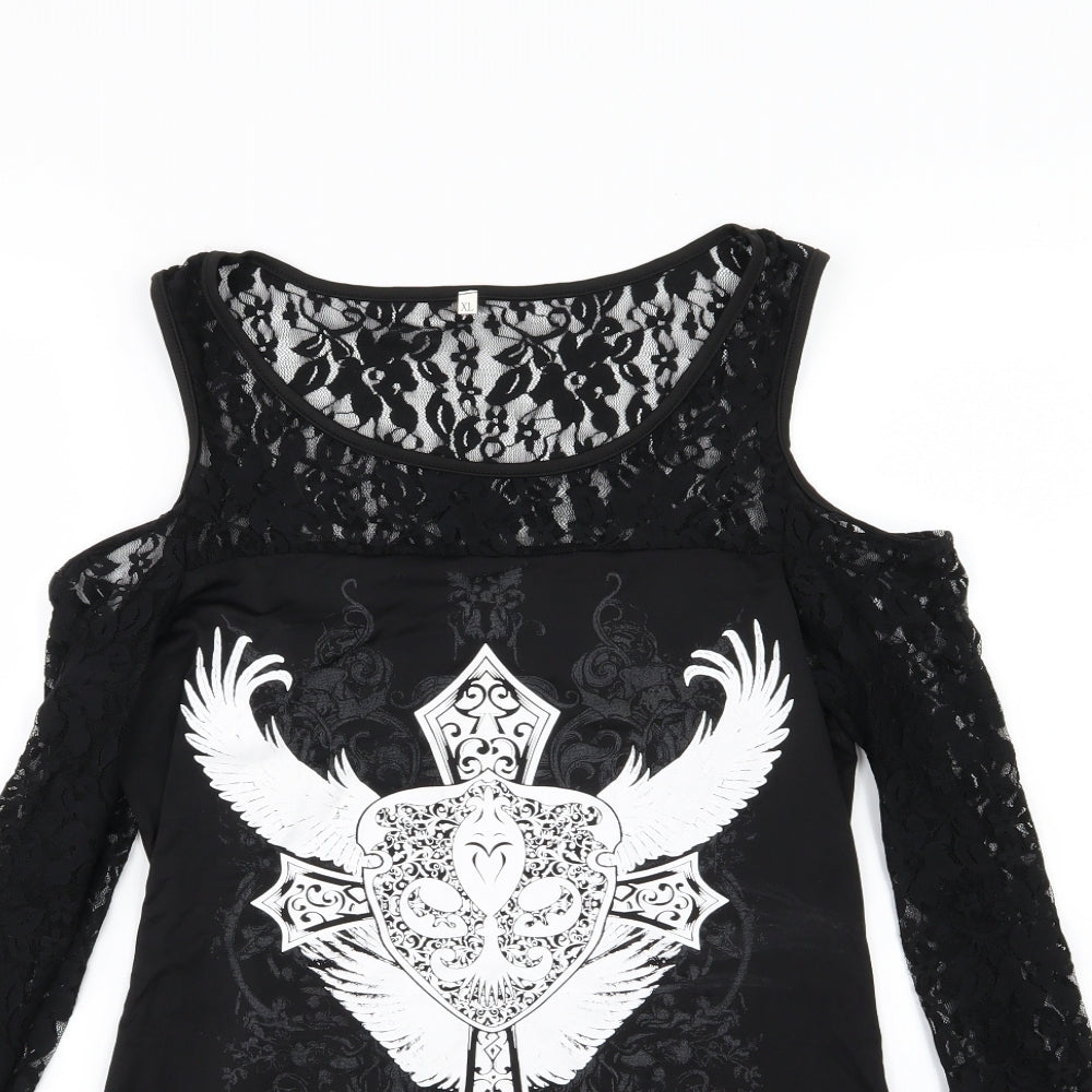 Preworn Womens Black  Jersey Basic T-Shirt Size XL  - Lace Sleeves