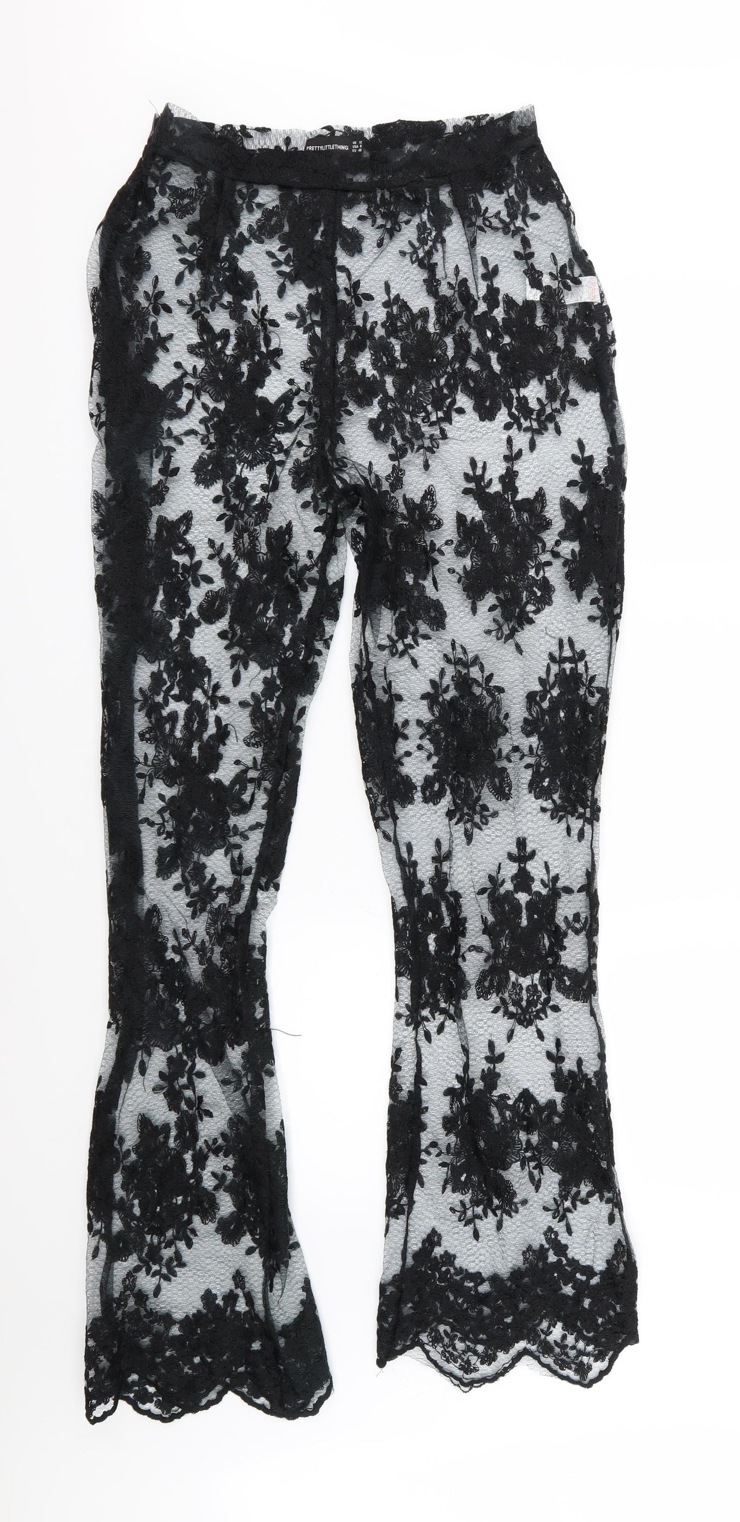 PRETTYLITTLETHING Womens Black Floral Mesh Trousers  Size 12 L34 in
