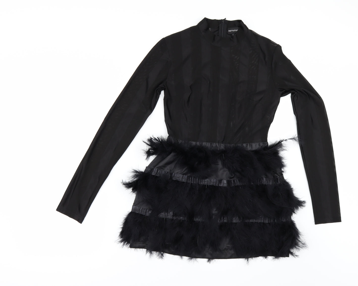 PRETTYLITTLETHING Womens Black   Tunic Blouse Size 8  - feather detail