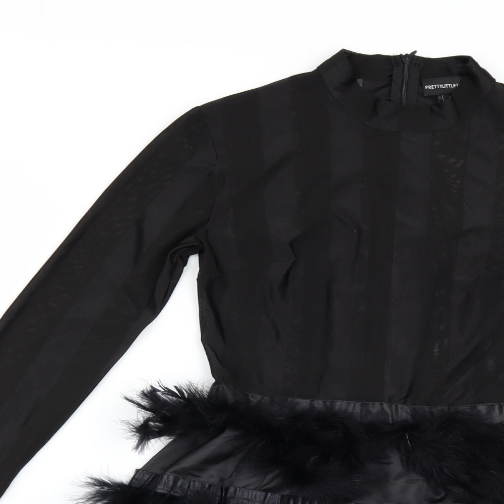 PRETTYLITTLETHING Womens Black   Tunic Blouse Size 8  - feather detail