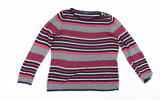 Front view of Love Knitwear women’s multicoloured striped jumper, size UK 12