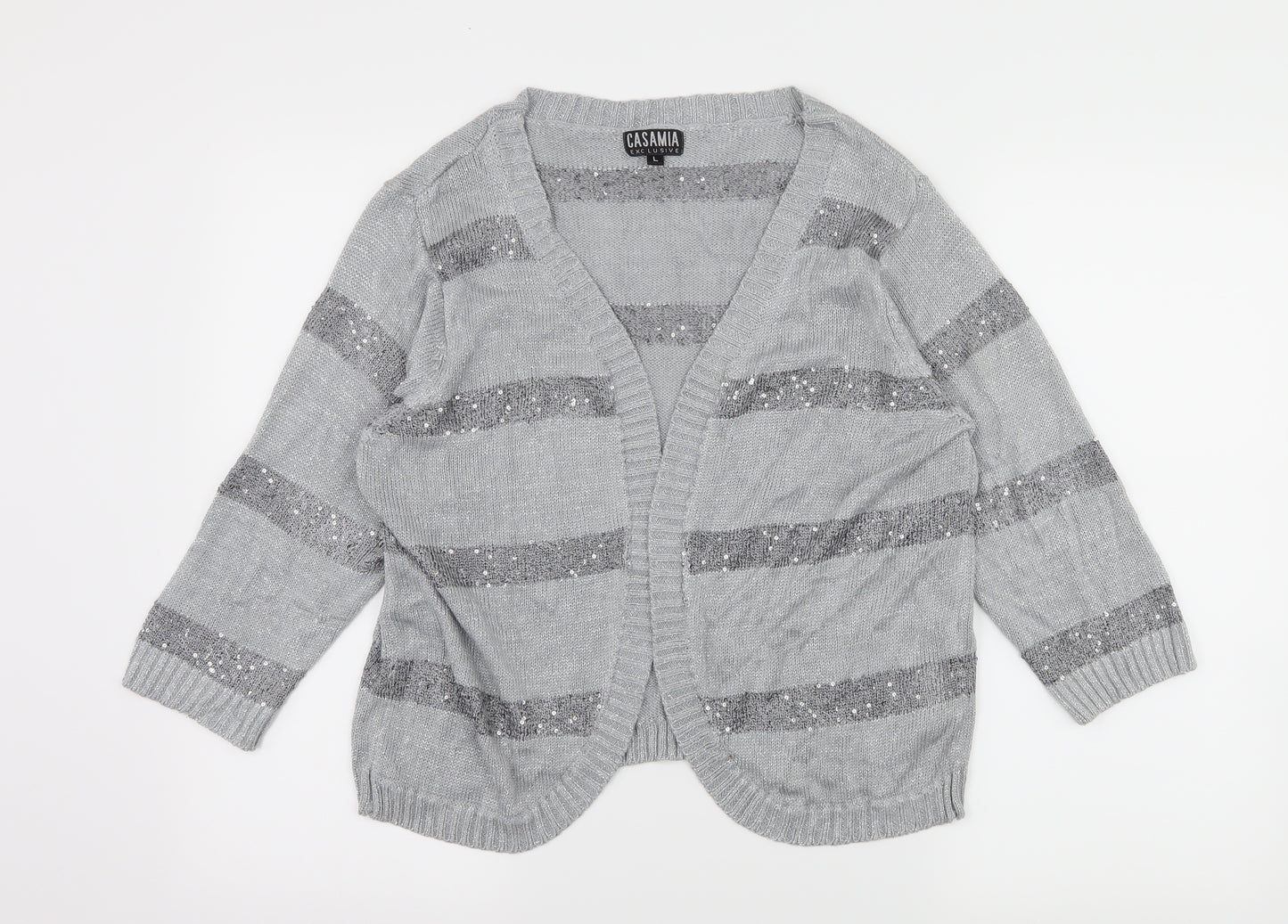 CASAMIA Womens Grey Striped Knit Cardigan Jumper Size L