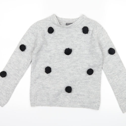 Primark Girls Grey Polka Dot  Pullover Jumper Size 8-9 Years  - Pom poms