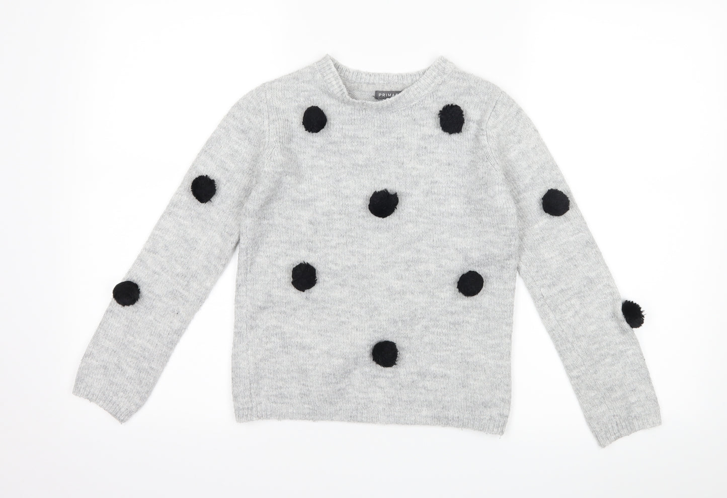 Primark Girls Grey Polka Dot  Pullover Jumper Size 8-9 Years  - Pom poms