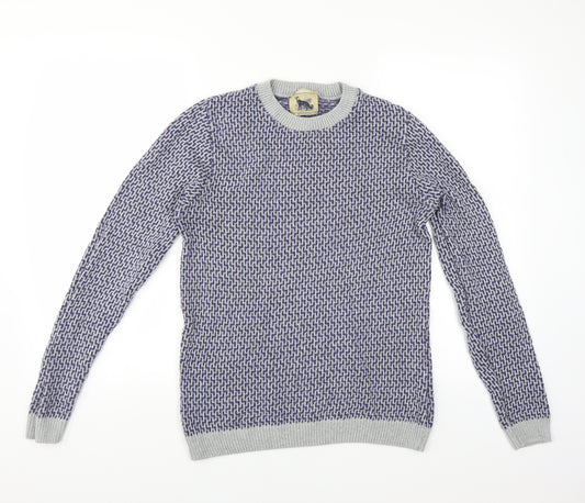 Front view of Refectory men’s blue geometric jumper