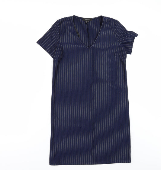 Front view of Primark women’s blue striped t-shirt dress, size UK 4