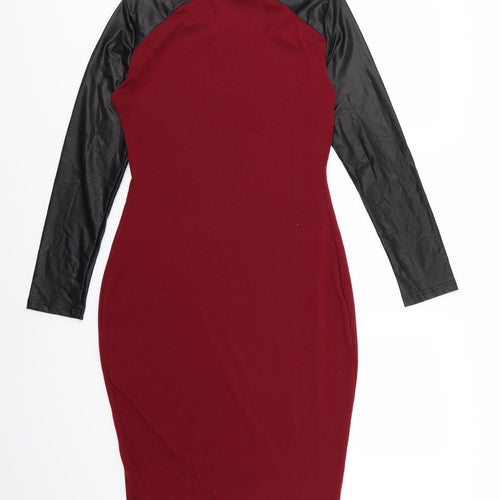 AX Paris Womens Red  Jersey Bodycon  Size 14  - Leather Effect Burgundy