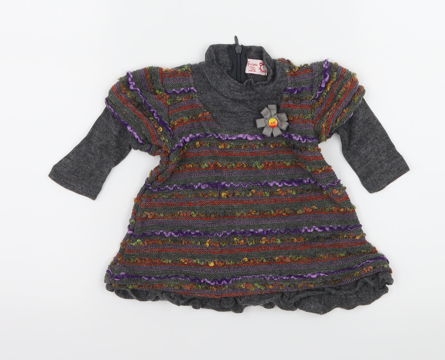 Fresas Con Nata Girls Grey Striped Knit Pullover Jumper Size 6 Years